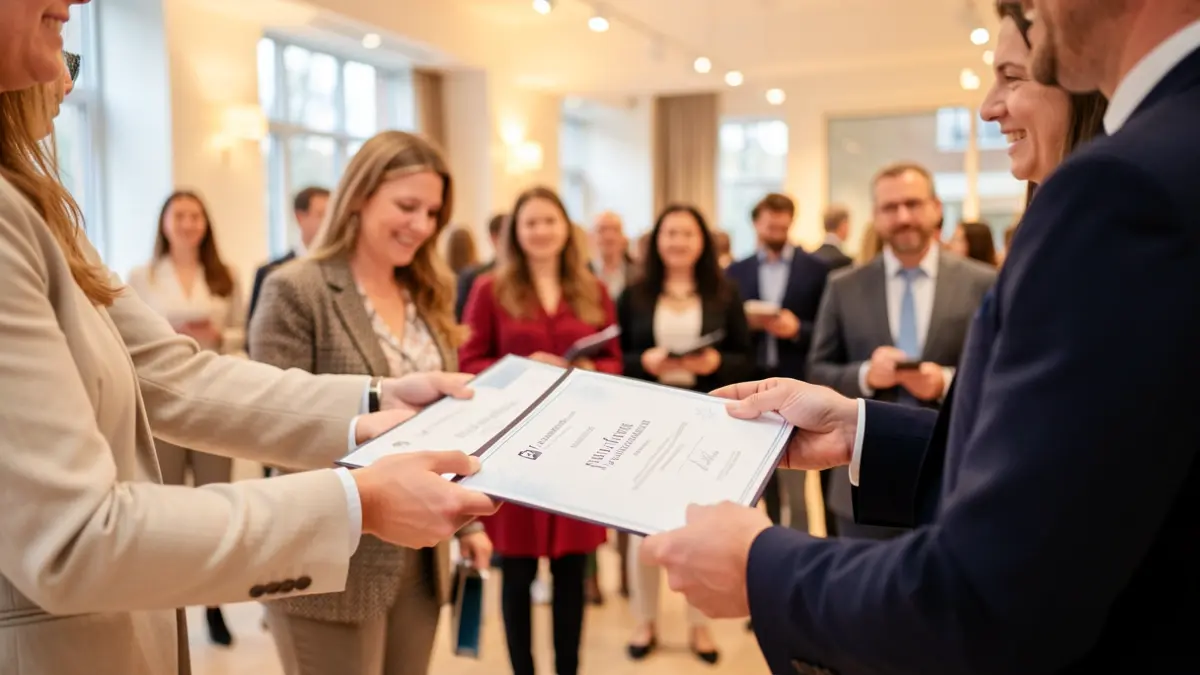 Generic image of a certificate award ceremony in an event space, with people receiving certificates.