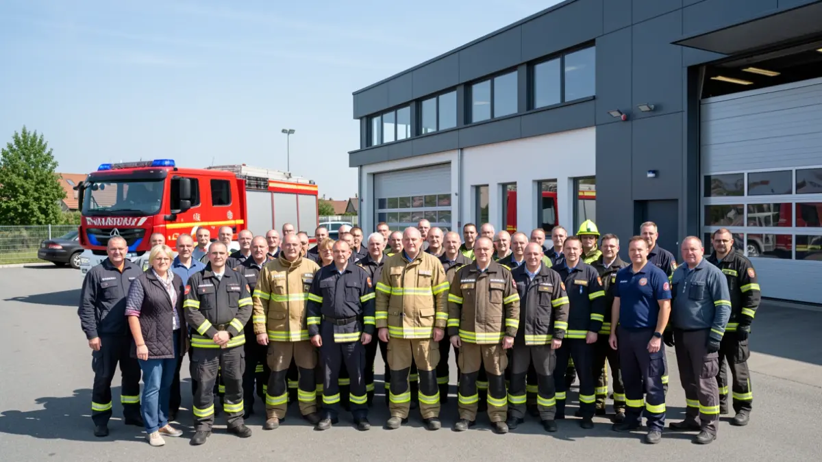 Generic image of firefighters in front of a fire station.