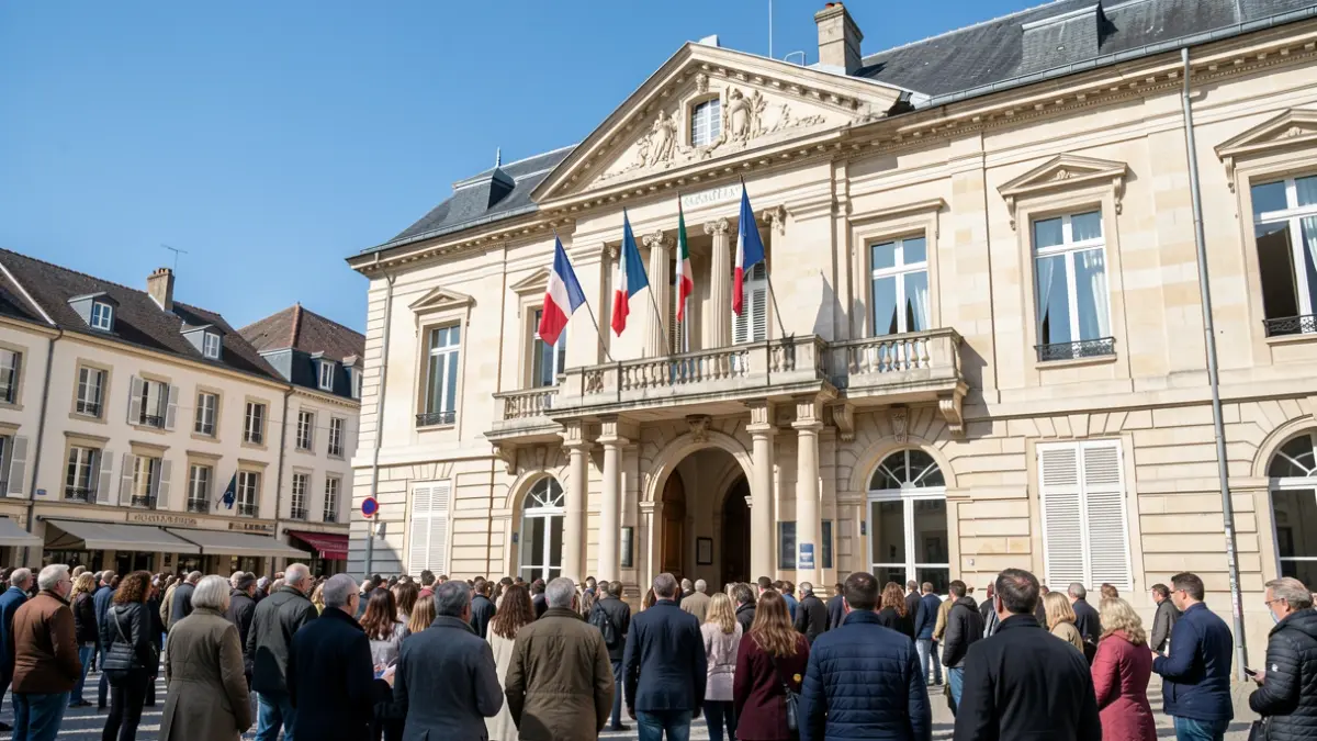 Image générique de la façade d'une mairie française avec un balcon et des drapeaux, sous un ciel bleu clair.