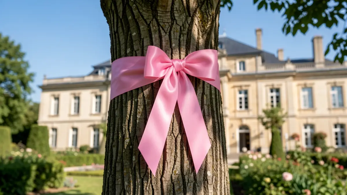Pink ribbon tied around a tree in the gardens of Angoulême's Town Hall.