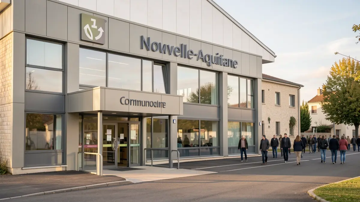 Generic image of a modern community center facade in Nouvelle-Aquitaine architectural style, illuminated by soft afternoon light.
