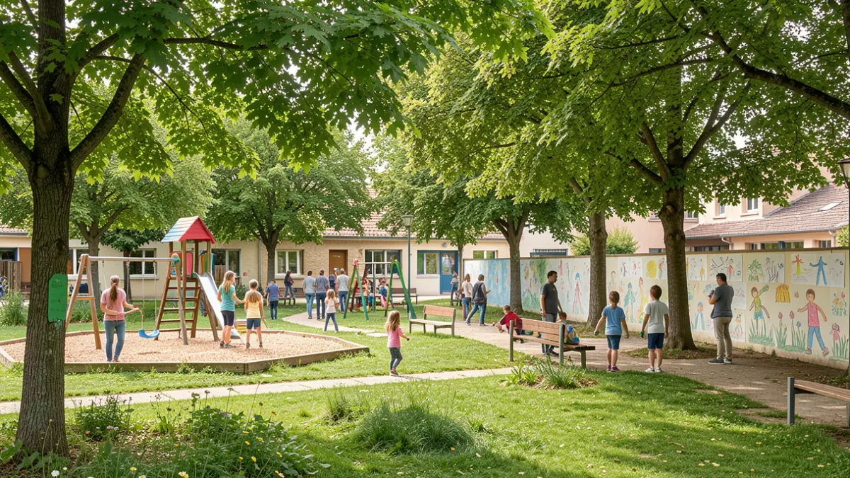 Generic image of a green and inclusive schoolyard designed to adapt to climate change.
