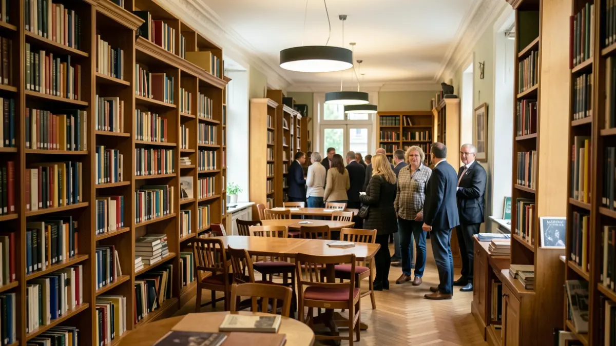 Image générique d'une bibliothèque avec des étagères remplies de livres et un espace de lecture.