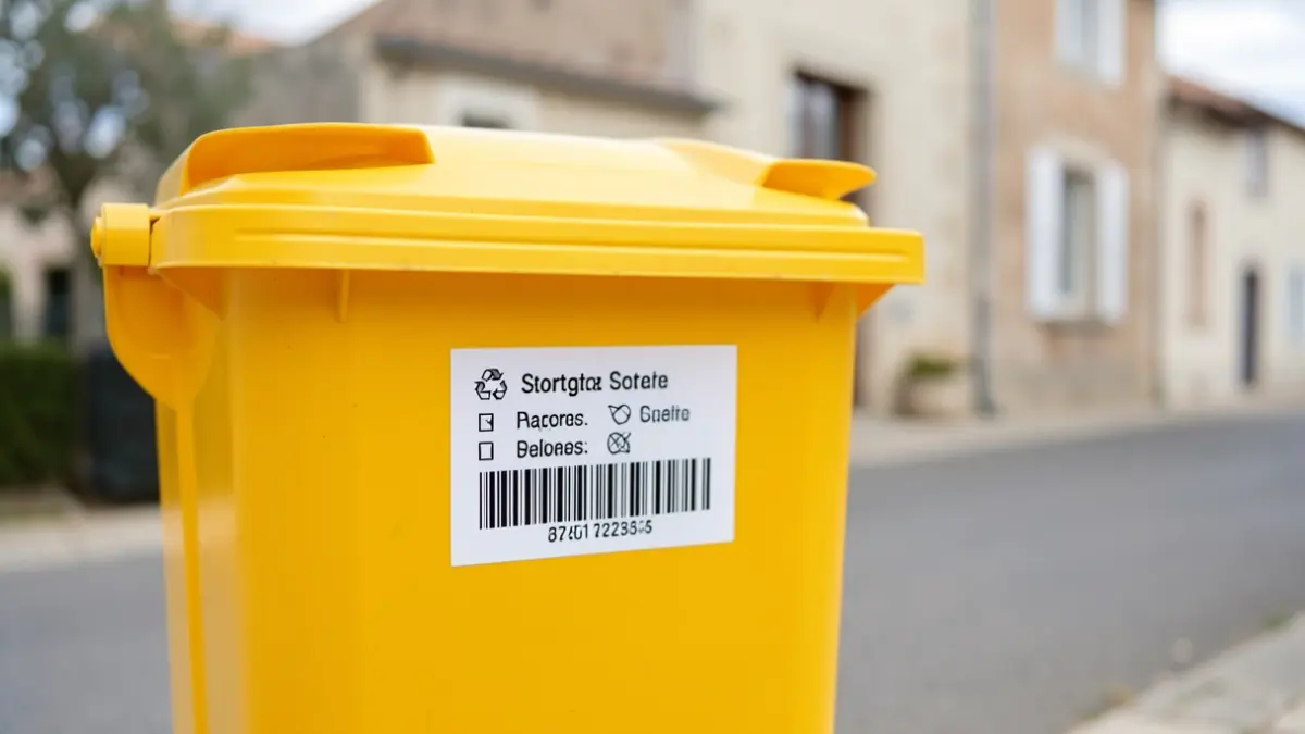 Generic image of yellow recycling bins with identification stickers.