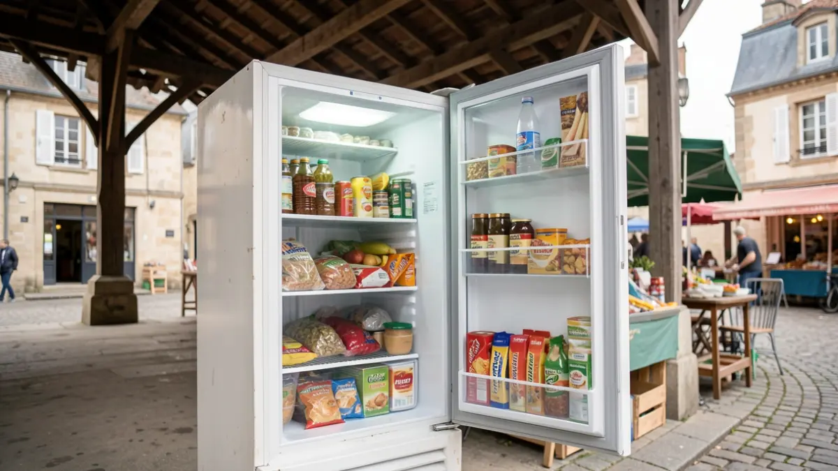 Image générique d'un réfrigérateur public installé sous un auvent de marché, symbolisant le partage alimentaire et la lutte contre le gaspillage.