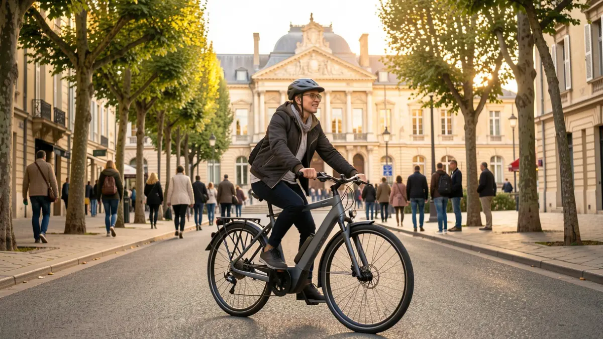 Generic image of an electric-assist bicycle riding on a street in a French town.