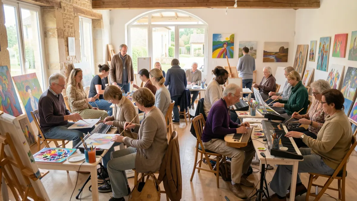 Image générique d'un atelier d'art-thérapie avec des participants diversifiés créant de l'art et jouant de la musique.