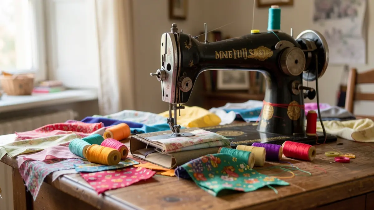 Generic image of a sewing machine surrounded by fabrics and threads.