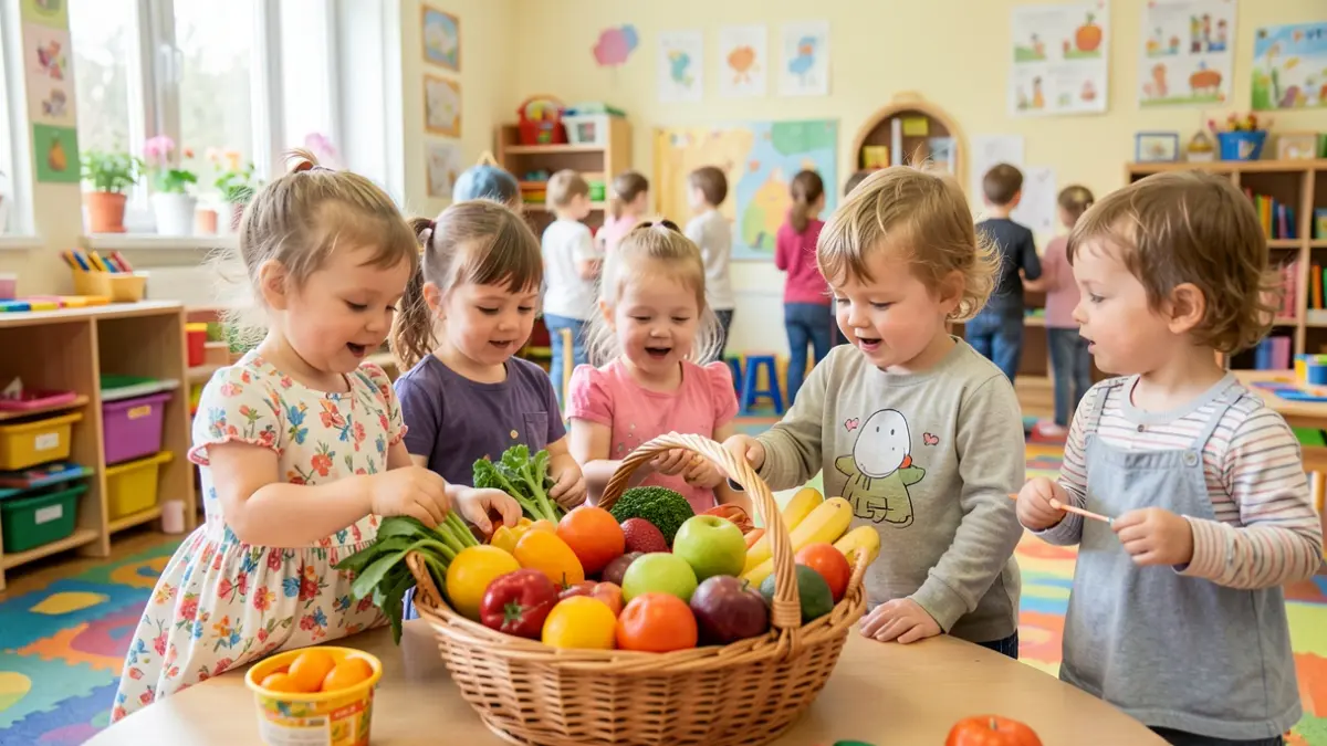 Image générique d'enfants explorant des fruits et légumes dans une classe.