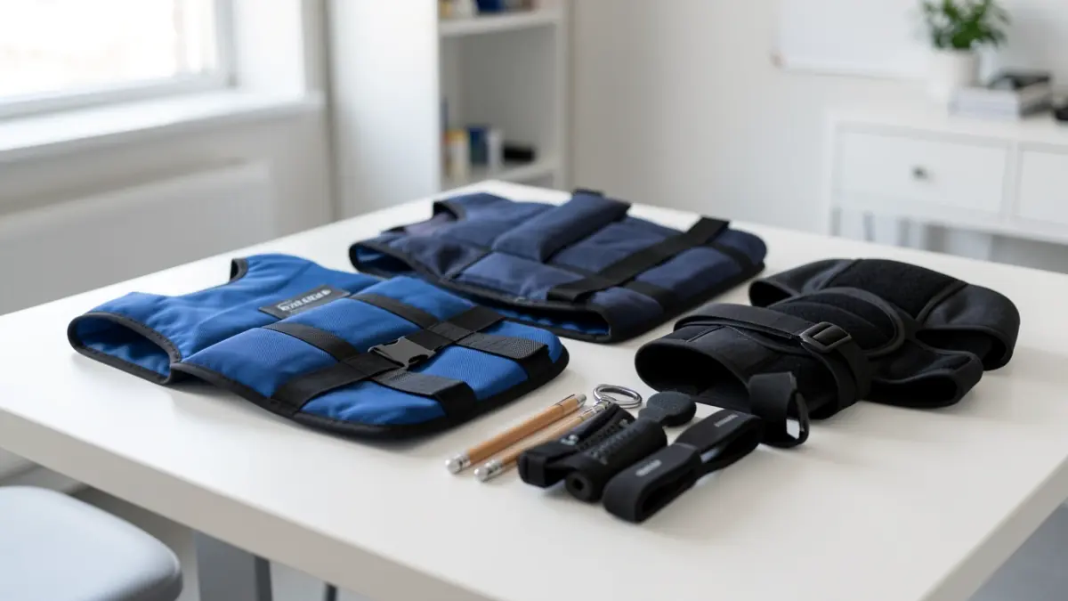 Training kit simulating physical limitations related to obesity or aging.