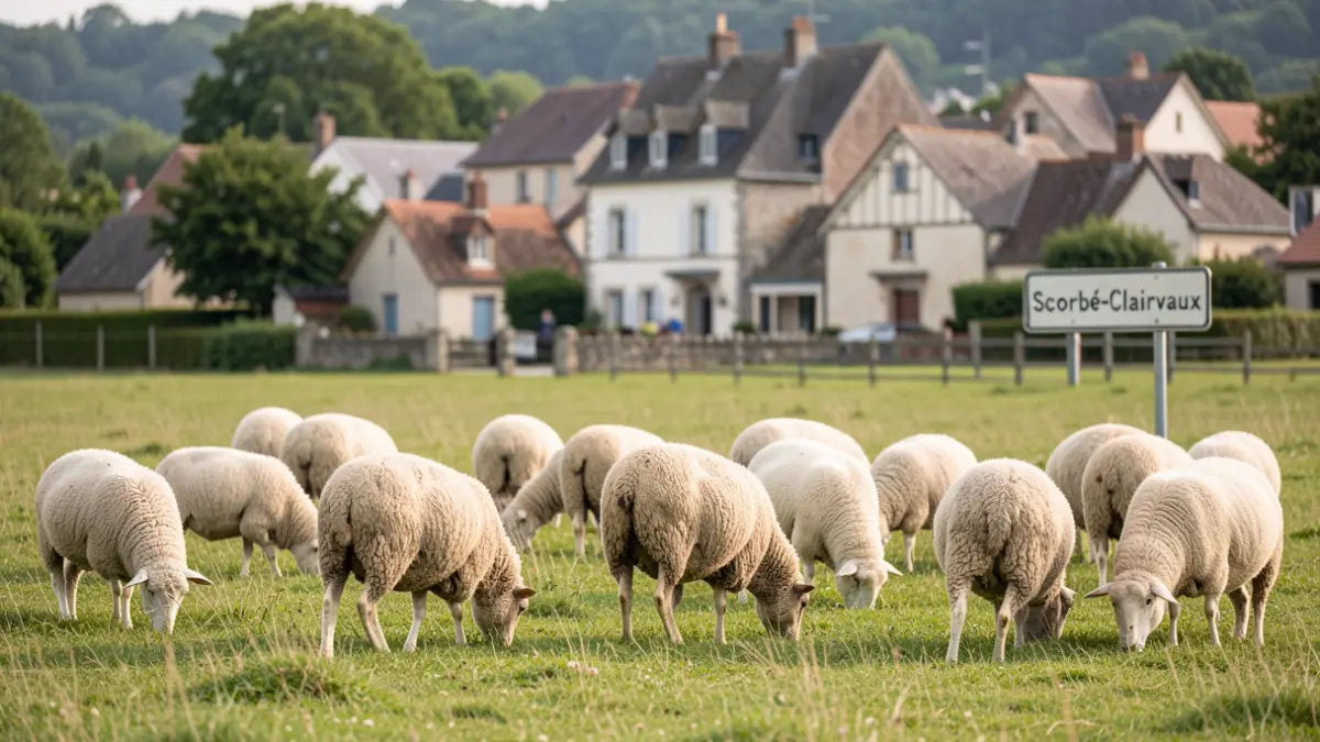 Generic image of sheep in a meadow near a French village.