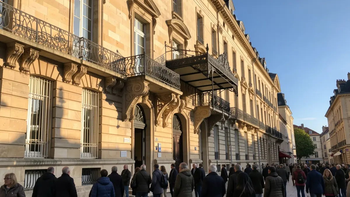 Generic image of a Nouvelle-Aquitaine town hall facade with an ornate balcony and iron railings, warm afternoon sunlight, blue sky.