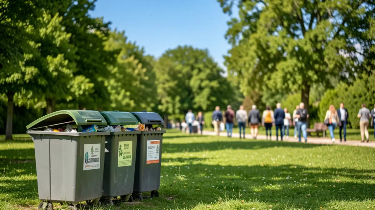 Generic image of three food waste collection bins in a green public space.