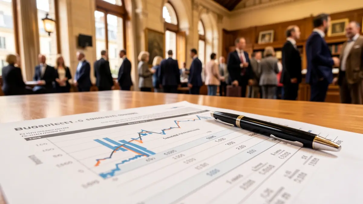 Generic image of a budget document with financial charts and a pen.