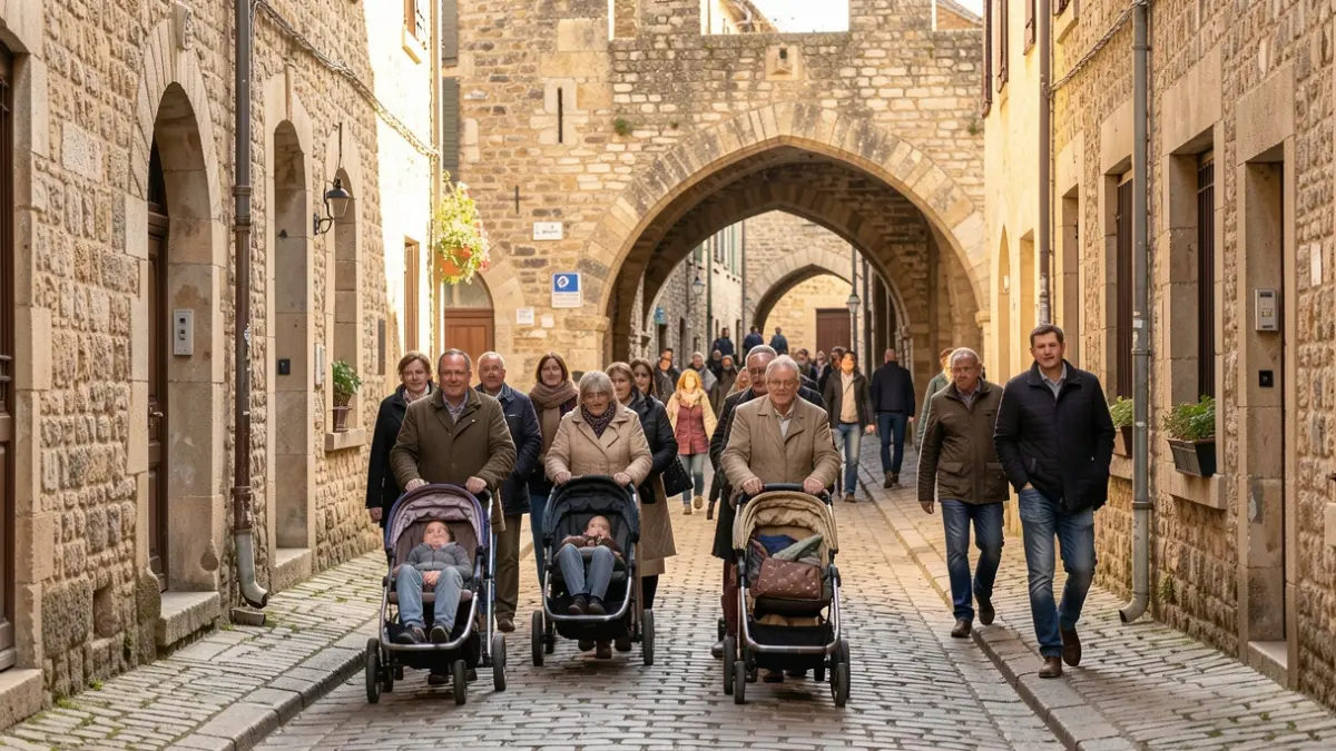 Generic image of parents pushing strollers through the cobblestone streets of a historic French village, with ancient stone buildings and arches, under warm afternoon sunlight.