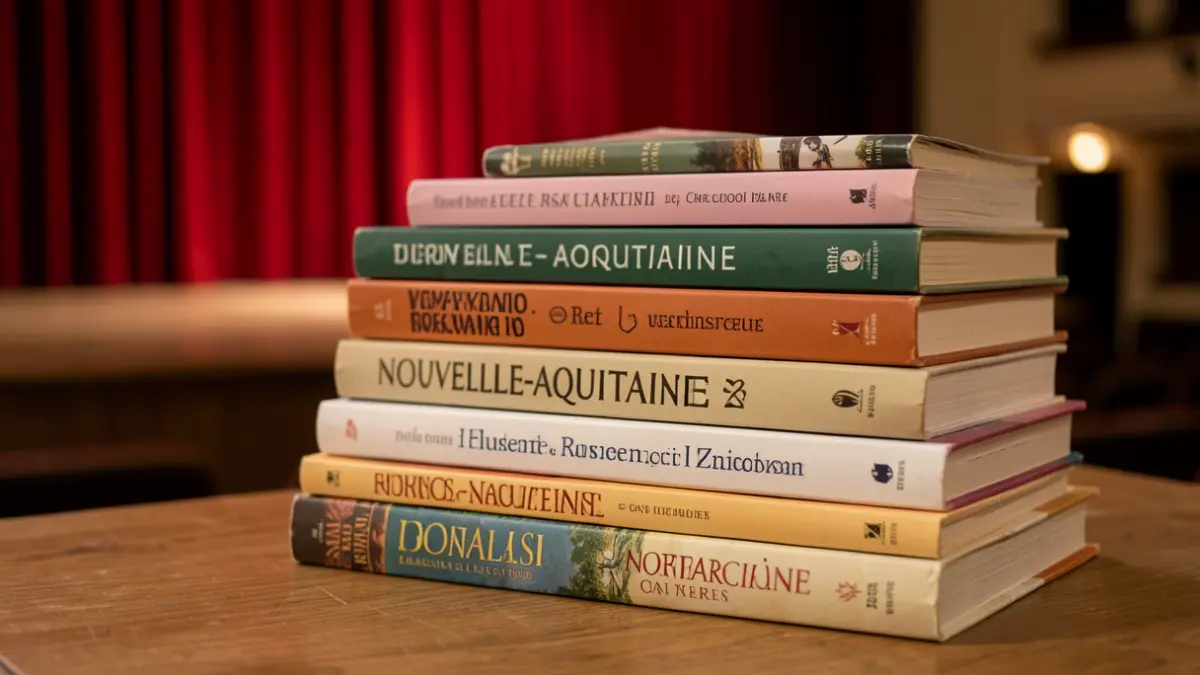 Pile de livres d'auteurs de Nouvelle-Aquitaine sur une table en bois, éclairage chaleureux, avec un rideau de théâtre flou en arrière-plan.