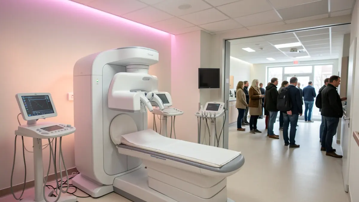 Modern and relaxing mammography examination room in a Nouvelle-Aquitaine hospital.
