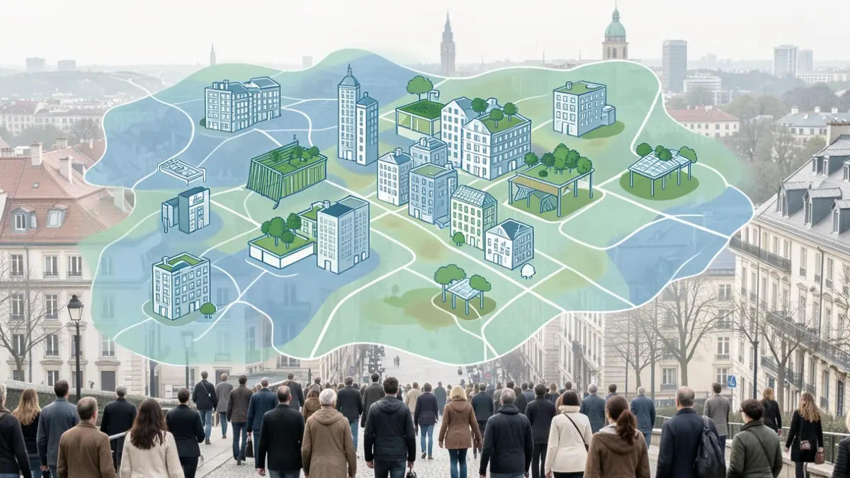 Graphic representation of cooling needs in urban areas, with abstract heat maps overlaid on cityscapes.