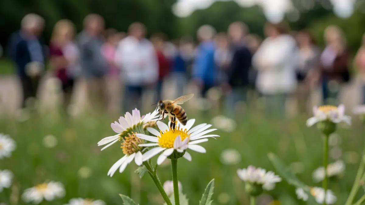 Gros plan d'une abeille sur une fleur sauvage, symbolisant la pollinisation et la biodiversité.