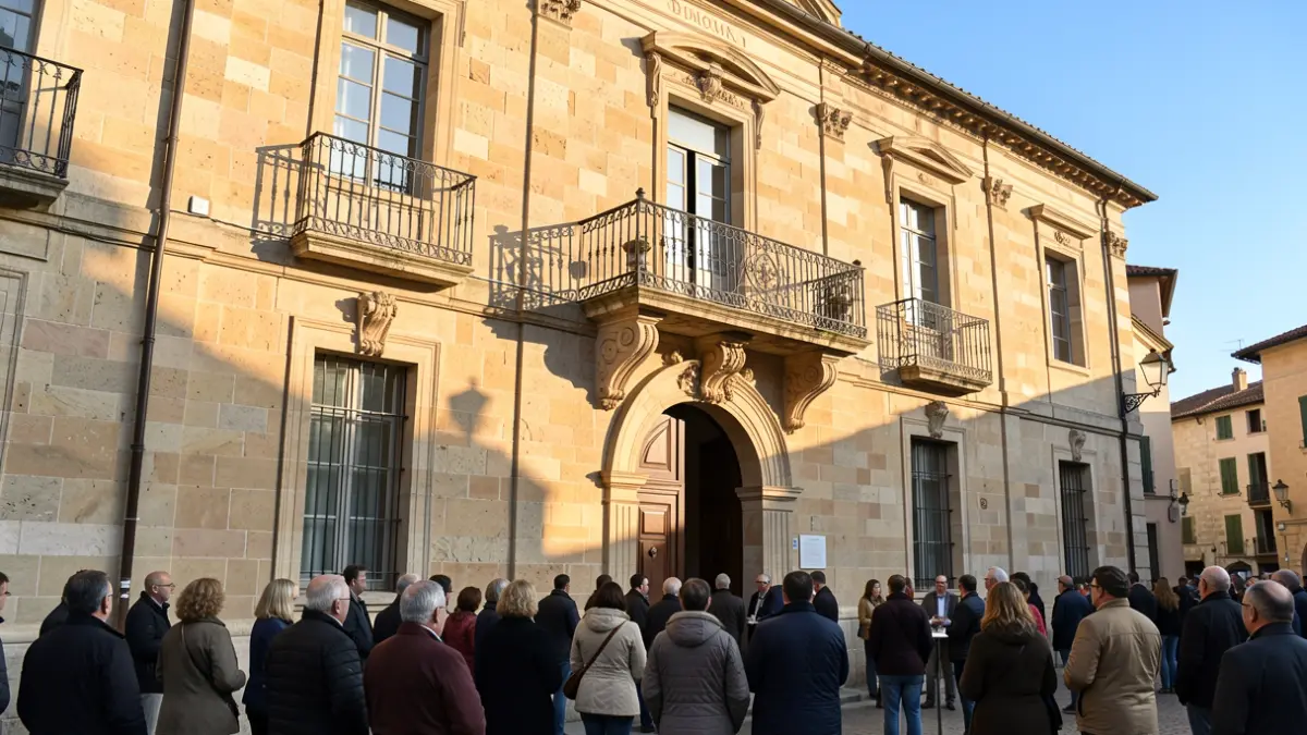 Generic image of a stone town hall facade with an ornate balcony and iron railings, in warm afternoon sunlight.