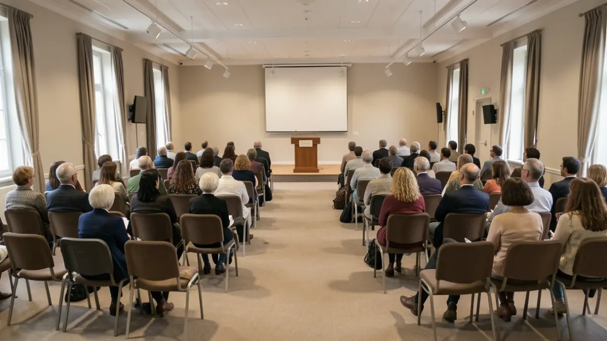 Generic image of a public meeting room in Bonneuil-Matours, France, with chairs and a podium.