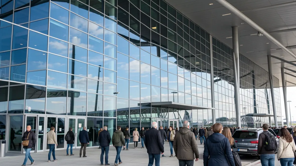 Generic image of a modern airport terminal facade with large glass windows reflecting a blue sky, documentary photography style.