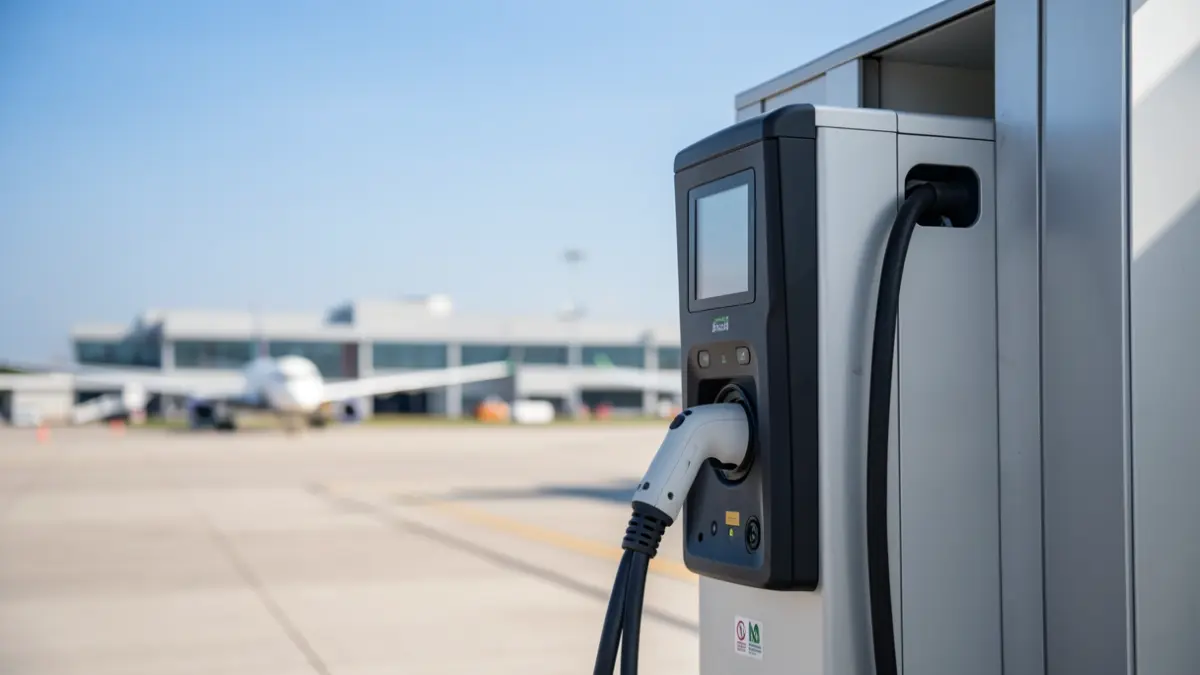 Image générique d'une borne de recharge électrique pour avions sur un tarmac d'aéroport, symbolisant la transition écologique.
