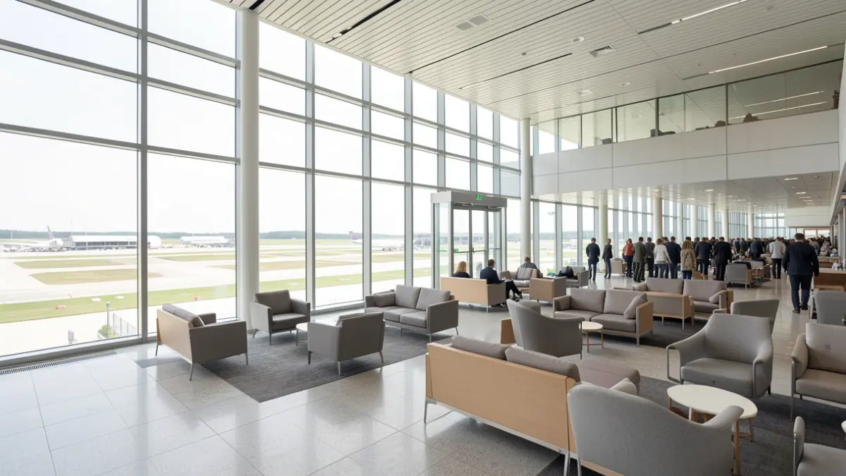 Image générique d'un intérieur d'aéroport moderne avec de grandes fenêtres donnant sur les pistes, baigné de lumière naturelle.
