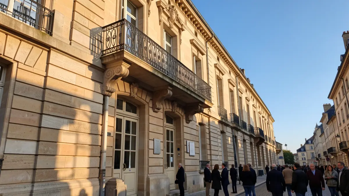 Image générique de la façade en pierre d'un hôtel de ville de Nouvelle-Aquitaine avec balcon orné et balustrade en fer forgé, soleil d'après-midi chaud projetant des ombres sur les murs en grès, ciel bleu, style photographie documentaire.