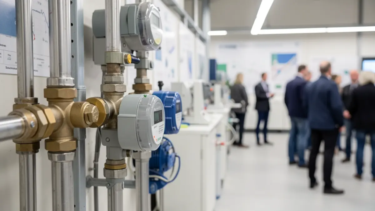 Image générique de tuyaux et compteurs d'eau dans une installation technique moderne.