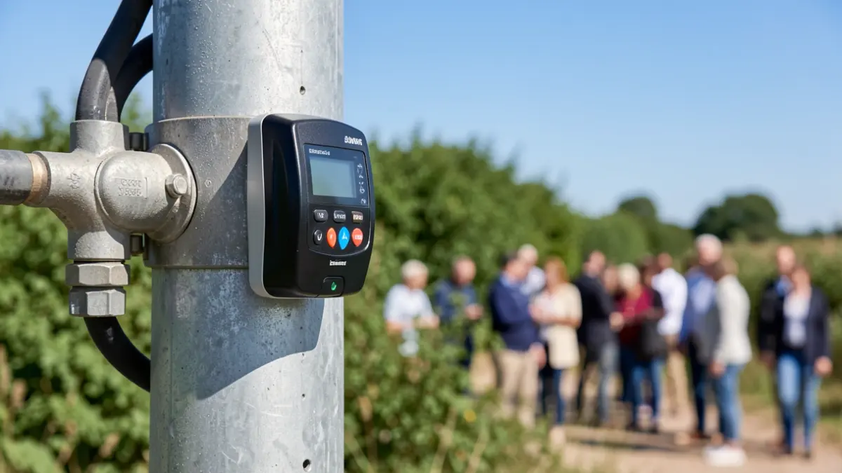 Generic image of a non-potable water distribution point with a magnetic card terminal, set in a green environment.