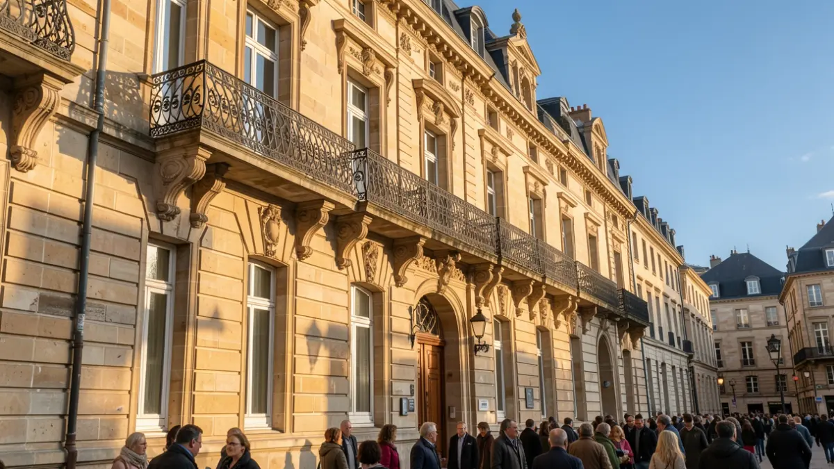 Image générique de la façade d'un bâtiment municipal en pierre avec un balcon orné, sous un soleil d'après-midi.