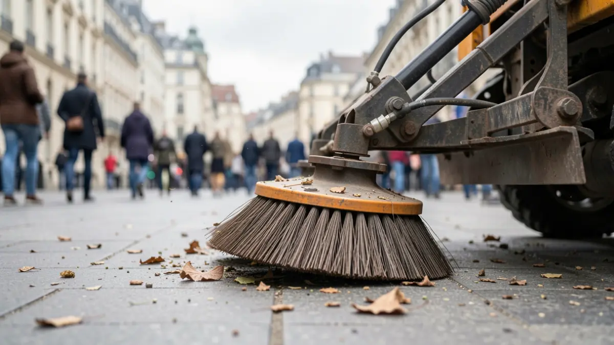 Image générique de brosses de machine de nettoyage de rue travaillant sur un trottoir avec des débris, ciel couvert.