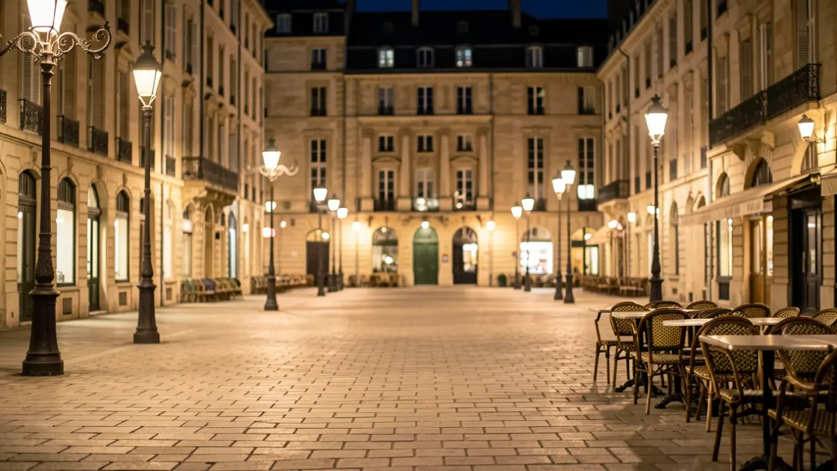 Generic image of a deserted town square in Bordeaux at night, with ornate streetlamps casting warm light and scattered cafe chairs.
