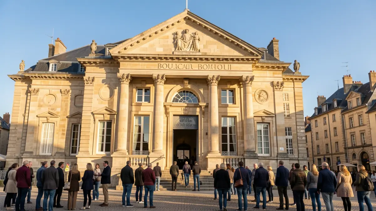 Façade de la mairie de Boucau, un bâtiment en pierre de style classique, baigné par la lumière chaude du soleil d'après-midi.