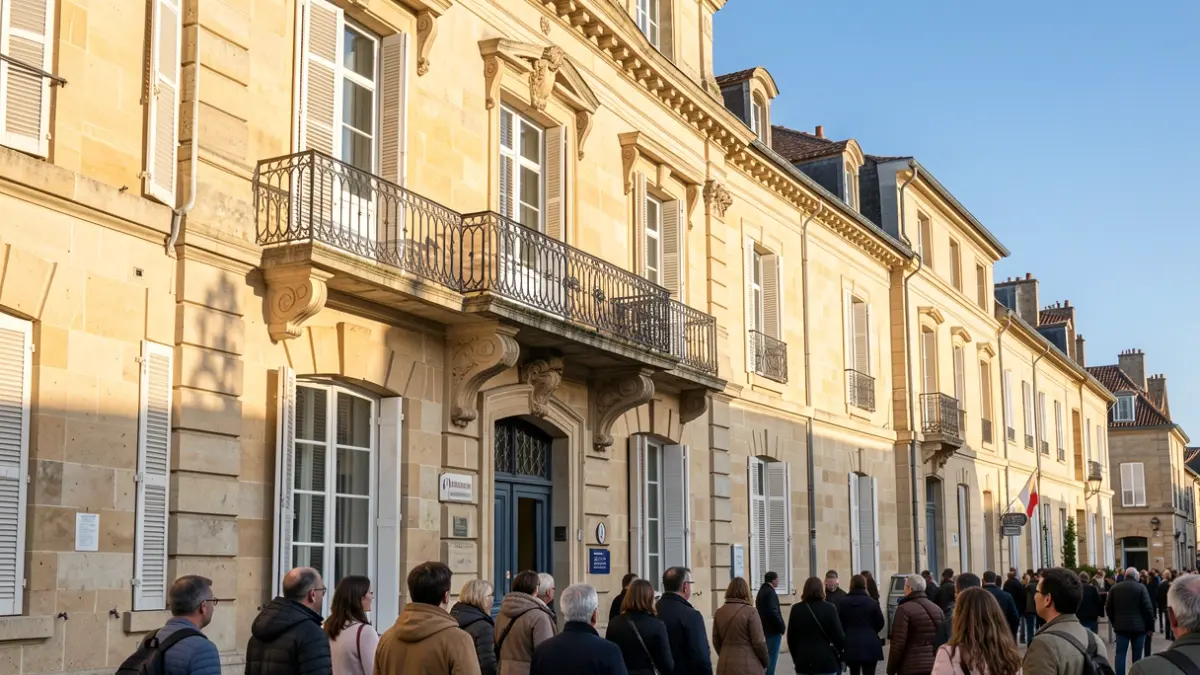 Image générique de la façade d'un hôtel de ville français en Nouvelle-Aquitaine, avec un balcon orné et des balustrades en fer. Lumière douce de fin d'après-midi.