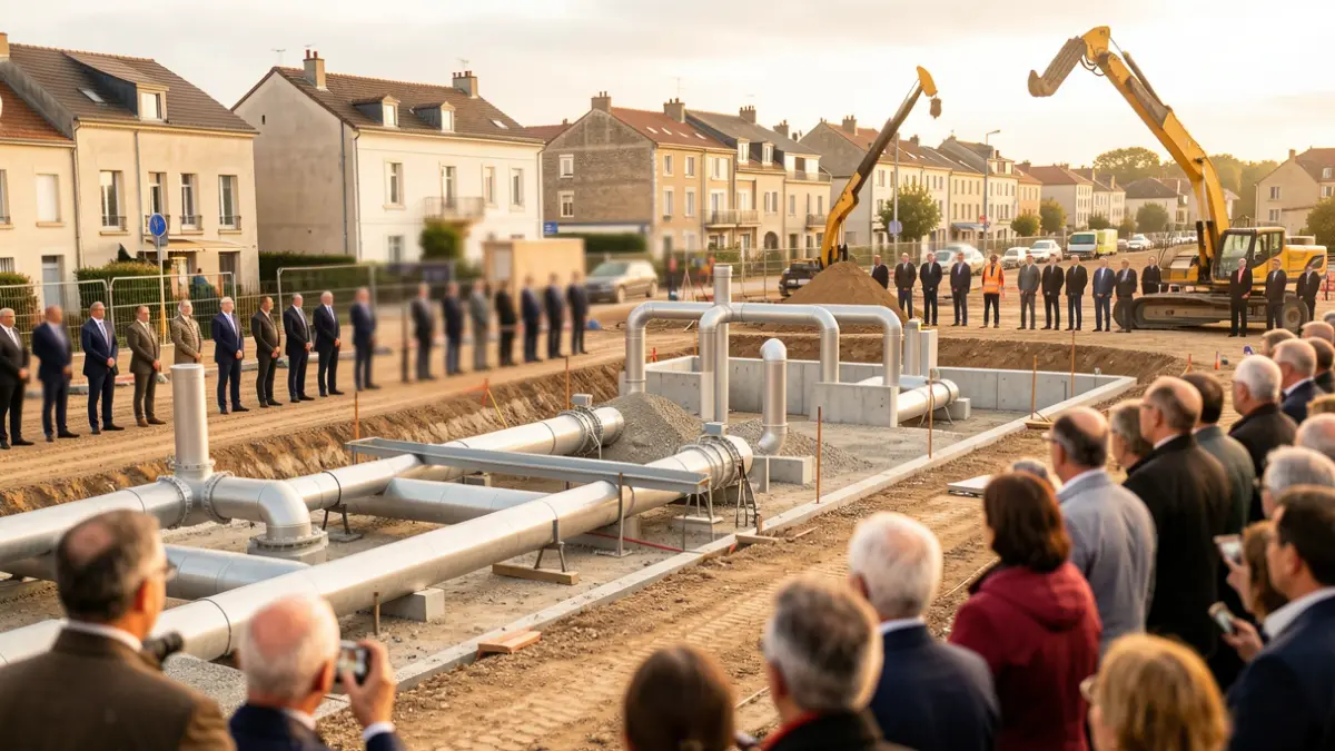 Generic image of the ceremonial laying of the first stone for an urban heating plant, featuring architectural plans and construction equipment.
