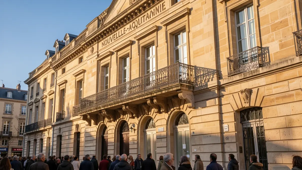 Image générique de la façade d'un hôtel de ville en pierre de Nouvelle-Aquitaine avec balcon orné et balustrade en fer forgé, lumière chaude de l'après-midi projetant des ombres sur les murs en grès, ciel bleu.