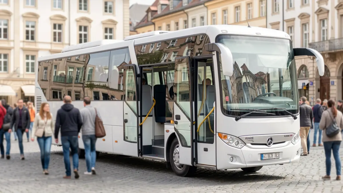Generic image of a medical bus open on a public square with blurred passersby in the background, natural lighting.