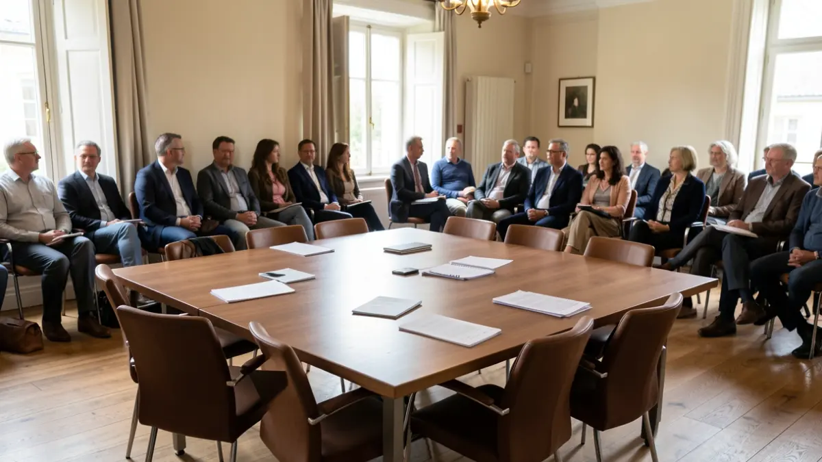 Empty meeting room with a large table and chairs, scattered documents, soft natural light.