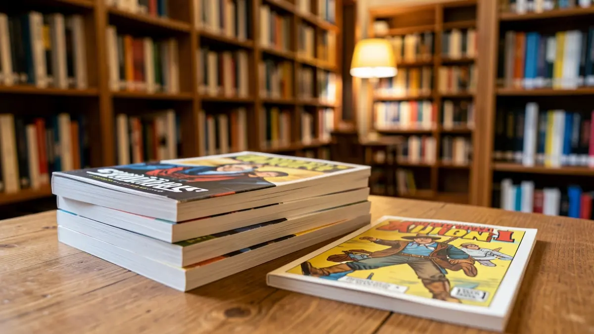 Generic image of books and graphic novels on a table in a library.