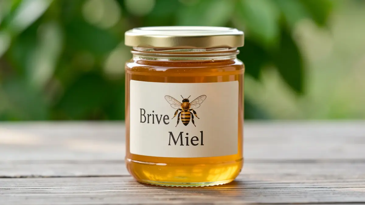 Close-up of a jar of golden honey labeled 'Brive Miel' on a wooden table, with blurred foliage in the background.