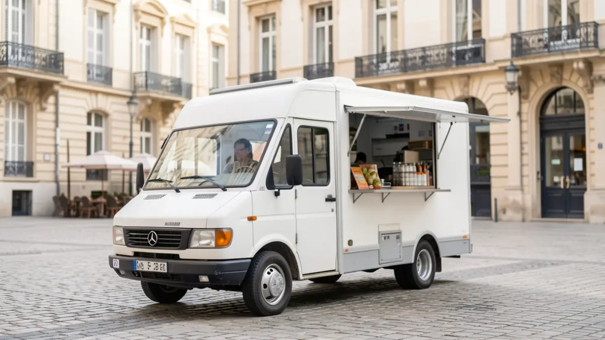 Image générique d'un food truck sur une place publique devant un bâtiment administratif.