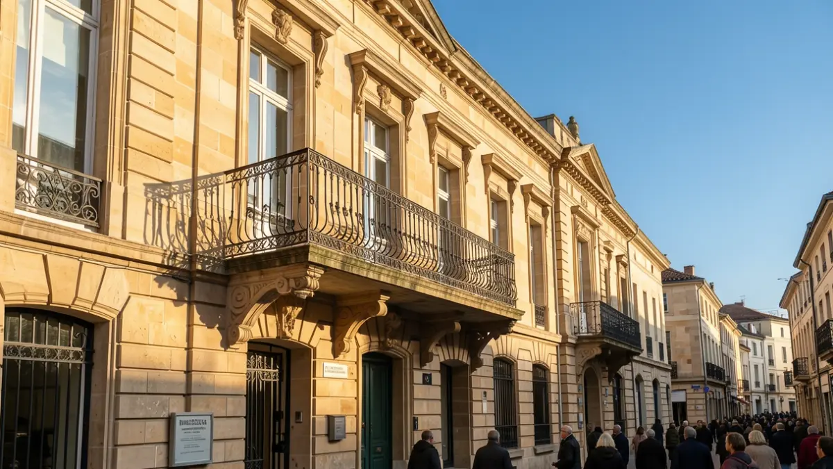 Generic image of the stone facade of an official building with an ornate balcony, under an afternoon sun.