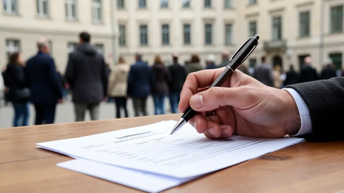 Image générique d'une main tenant un stylo au-dessus d'un formulaire de soumission sur un bureau en bois, avec la façade d'un bâtiment départemental floue en arrière-plan.