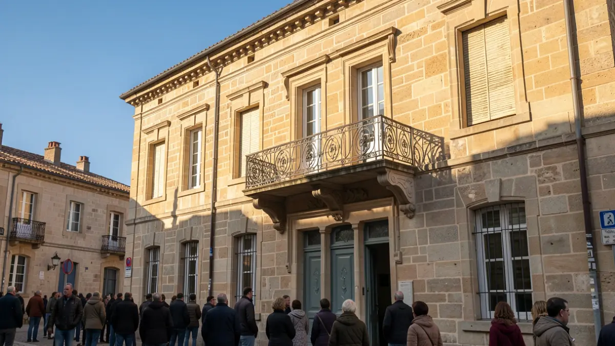 Stone facade of a Nouvelle-Aquitaine town hall with a balcony and iron railings, afternoon sunlight.
