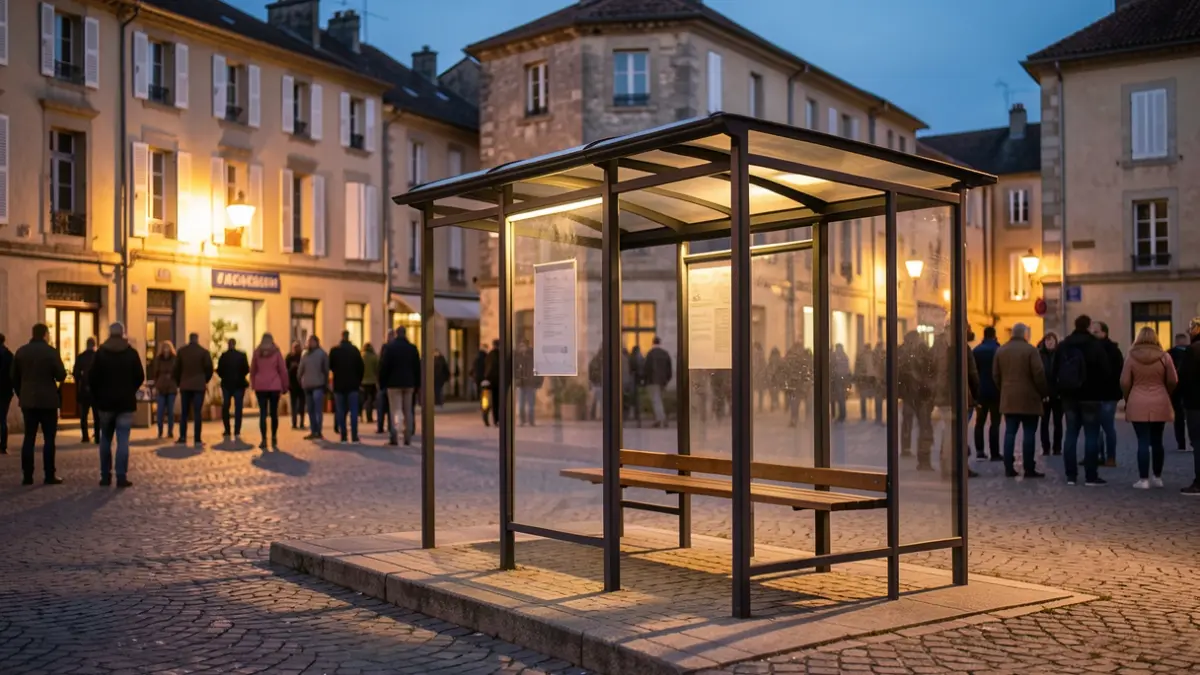 Image générique d'un arrêt de bus dans une petite ville française au crépuscule, avec des lumières de rue chaudes et des façades de bâtiments floues.