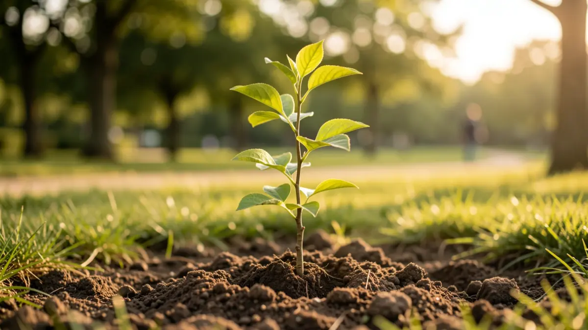 Image générique d'un jeune arbre planté dans un parc, symbolisant la nouvelle génération.