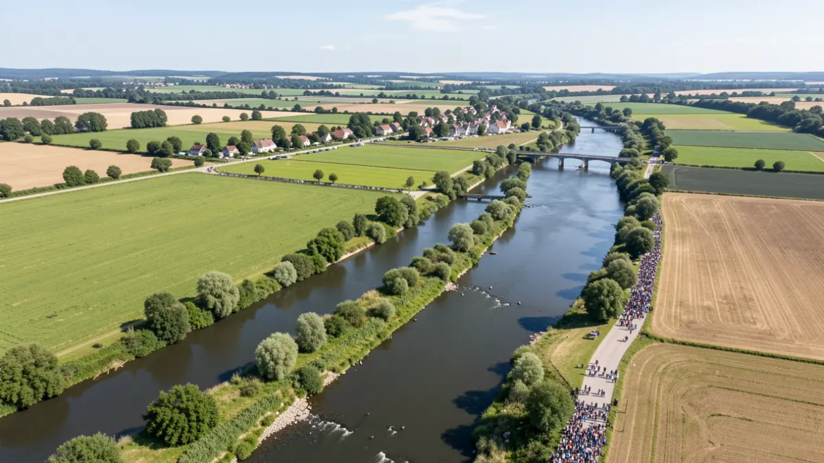 Image générique d'un paysage fluvial avec champs agricoles et végétation de ripisylve, par temps ensoleillé.