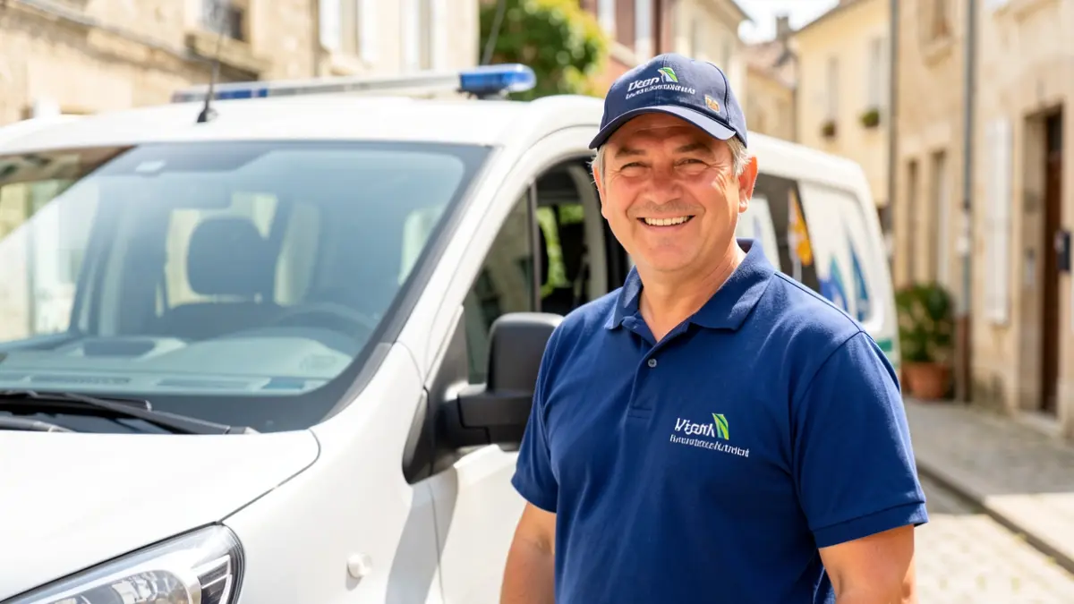 Generic image of a smiling volunteer near a municipal vehicle.
